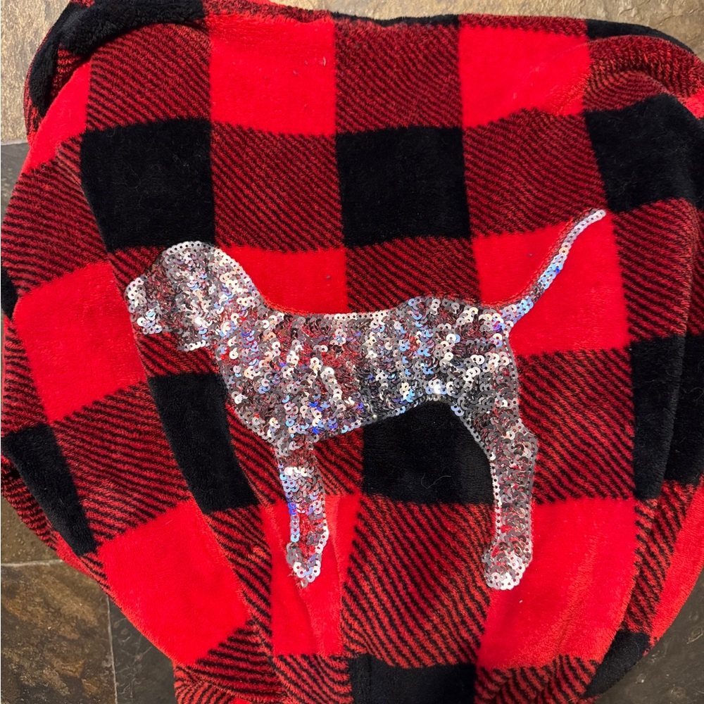 PINK Victoria's Secret Red and Black Plaid Robe with Sequin Dog